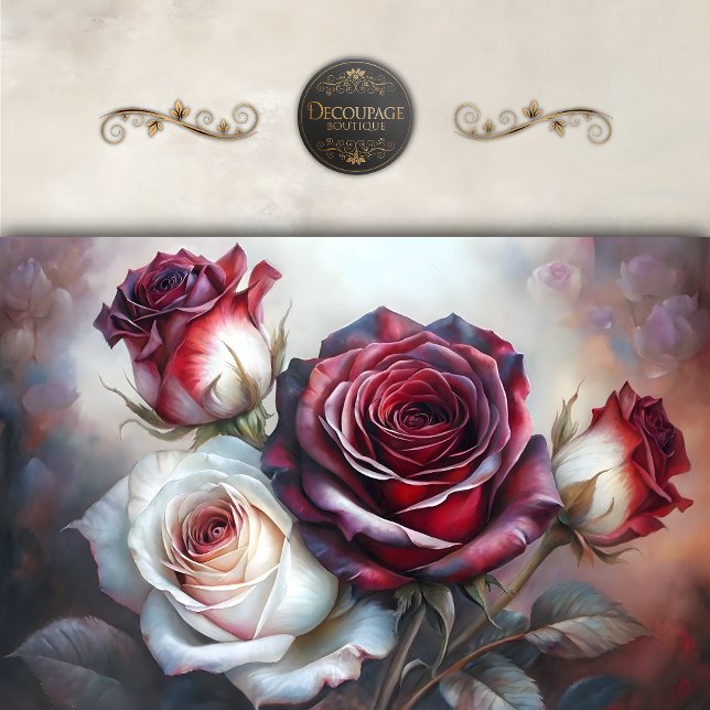 Papel De Seda Buquê de Rosas Vermelhas e Marfim Decoupage Românt (Romantic Red and Ivory Rose Decoupage Tissue Paper)