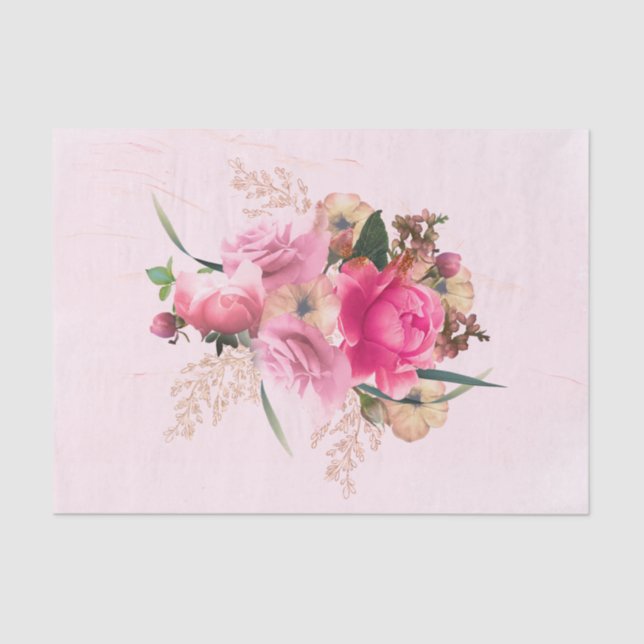 Papel De Seda Buquê Dourado Floral Rosa Rosa Elegante (Frente )