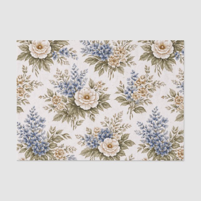 Papel De Seda Buquê Floral Azul Marfim Antigo (Frente )