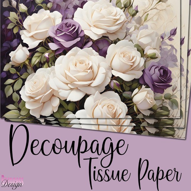 Papel De Seda Buquê floral de rosas brancas roxas românticas (Criador carregado)