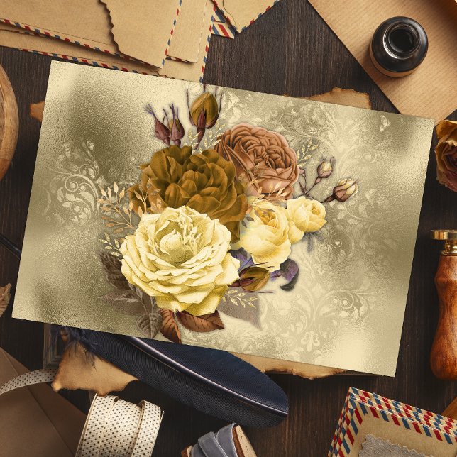 Papel De Seda Buquê Rosa Amarelo Vintage Dourado (Criador carregado)