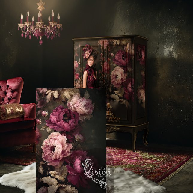 Papel De Seda Burgundy Blooms, Dark Moody, Peony Floral (Burgundy Blooms Dark Moody Romantic Peony Florals, Decoupage Tissue Paper)