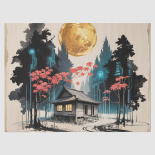 Papel De Seda Cabana ao Luar Floresta Japonesa Arte (9)