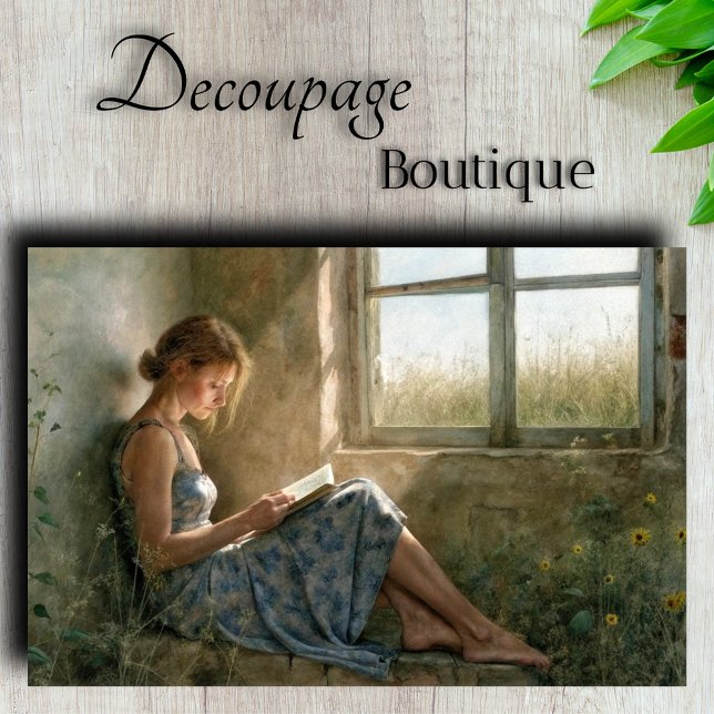 Papel De Seda Cabana da Leitora Azul Rústica Decoupage (Rustic Blue Reading Lady - cottage Decoupage Paper)