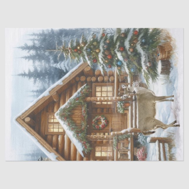 Papel De Seda Cabana de Natal no Inverno com Veados (Frente )