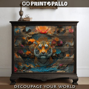 Papel De Seda Cabeça de Tigre com flores e colagem de pedra