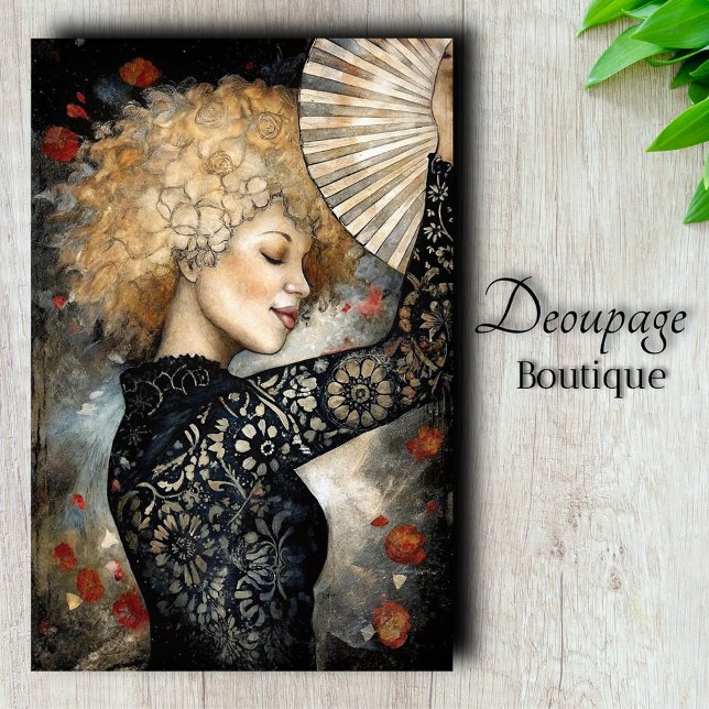 Papel De Seda Cachos Dourados e Decoupage de Renda da Meia-Noite (Oriental Grace - Golden Curls and Midnight Lace Decoupage Tissue Paper)