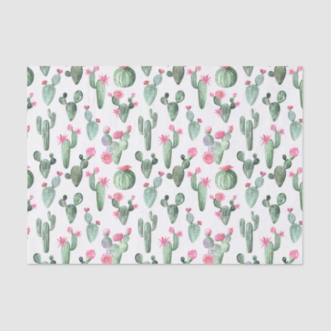 Papel De Seda Cacto Aquarela Verde e Rosa (Frente )