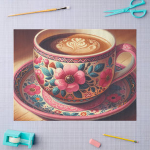 Papel De Seda Café com Leite em Xícara Floral Rosa Azul Decoupag