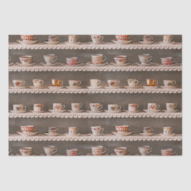 Papel De Seda Café E Copas De Chá Em Uma Prateleira Padrão De Fo (Frente )