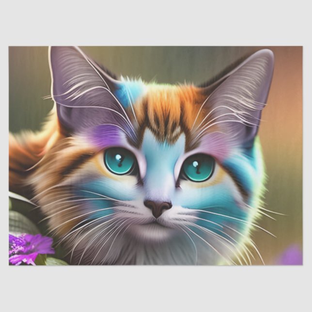 Papel De Seda Calico, flores, gata e flores azuis e ferrugem (Frente )