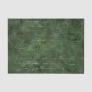 Papel De Seda Caligrafia de Vintage em Damask Verde e Dourado