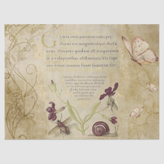 Papel De Seda Caligrafia medieval com a natureza (Frente )