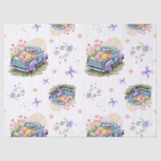 Papel De Seda Caminhão Retro Azul Turquesa e Roxo com Ovos de Pá