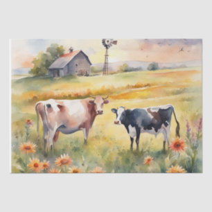 Papel De Seda Campo de aquarela das vacas e do nascer do sol