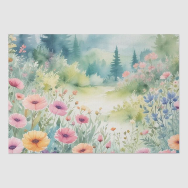 Papel De Seda : Campo de Flores Selvagens em decoupage de aquare (Frente )