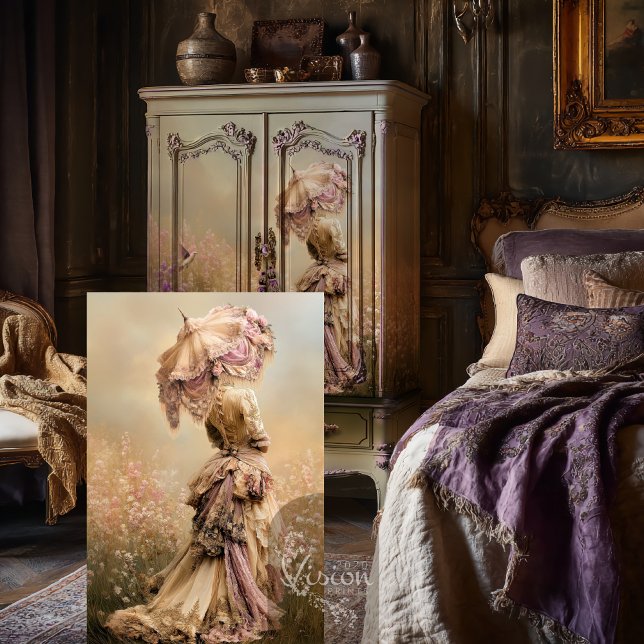 Papel De Seda Campo de Sonhos, Mulher e Parasol Dusty Violet (Field of Dreams, Woman & a Parasol, Ethereal Floral, Violet Beige, Decoupage Tissue. )