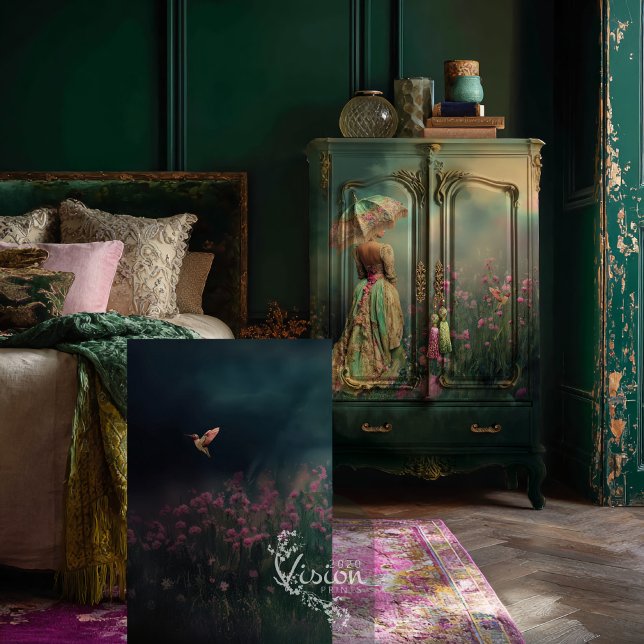 Papel De Seda Campo de Sonhos, Verde Escuro Esmeralda, Pássaro H (Field of Dreams Hummingbird & Floral, Emerald Green & Fuchsia Plum Landscape Decoupage Tissue Paper.)