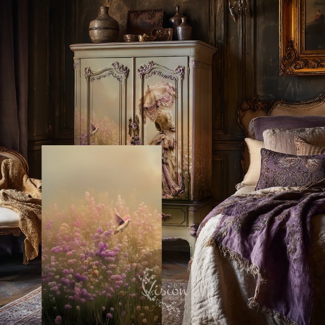 Papel De Seda Campo de sonhos, Voo de Pássaros, Dusty Plum Flora (Field of Dreams Dusty Violet, Bird & Floral, Ethereal Landscape, Decoupage Tissue Paper.)