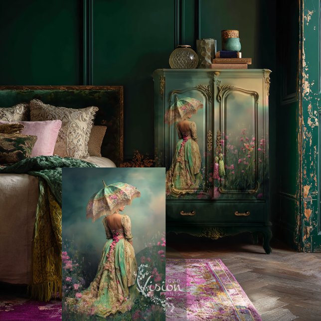 Papel De Seda Campo dos sonhos, Retrato e Parasol, Emerald Green (Field of dreams, Elegant Woman, portrait Parasol, Dark Emerald Green, Pink Lime highlights Decoupage)