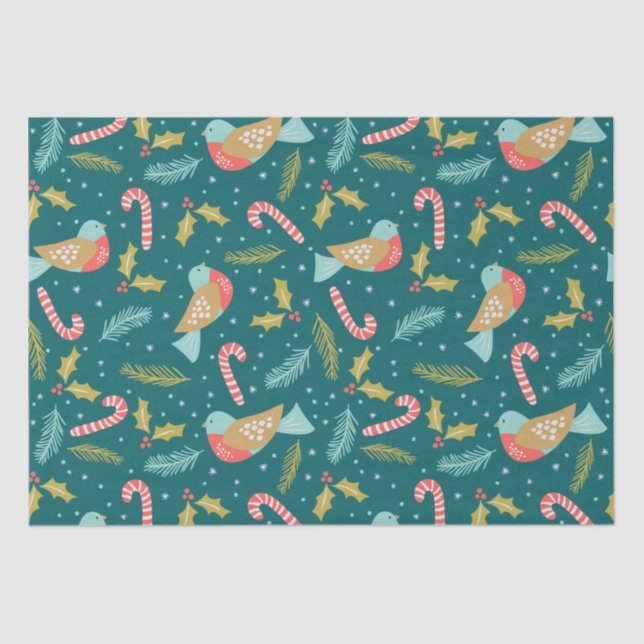 Papel De Seda Candy Canes Holly Pine Boughs Birds (Frente )