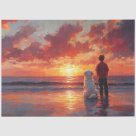 Papel De Seda Cão e Menino Observando o Pôr do Sol na Praia