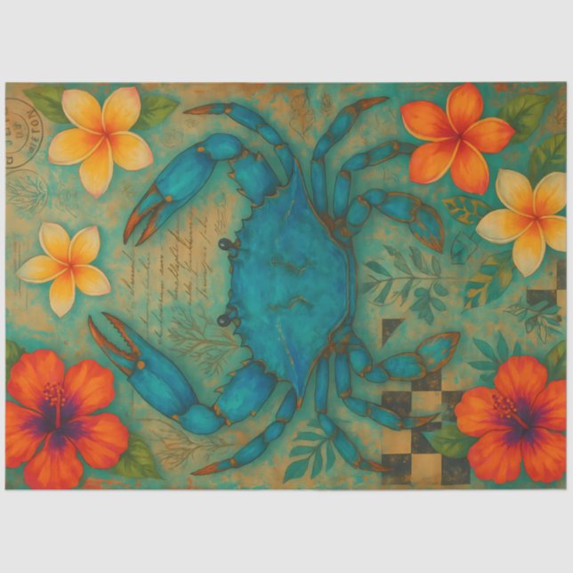 Papel De Seda Caranguejo Azul com Decoupage de Flores Tropicais (Frente )