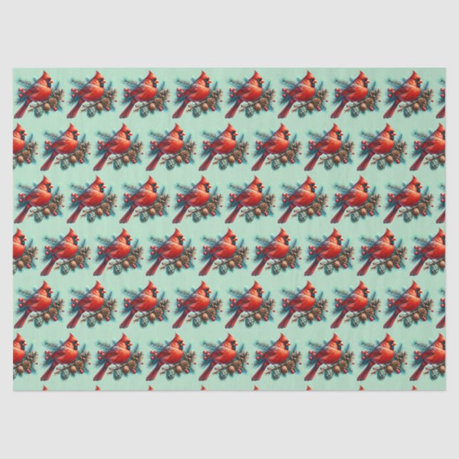 Papel De Seda Cardeal em Pine Branch com Berries de inverno (Frente )