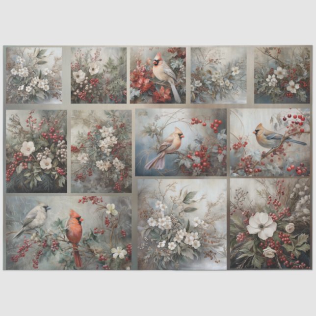 Papel De Seda Cardinais de Natal & Flores de Inverno para Decoup (Frente )