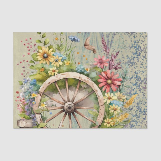 Papel De Seda Carrinho de Madeira Cheio de Flores de Primavera V (Frente )