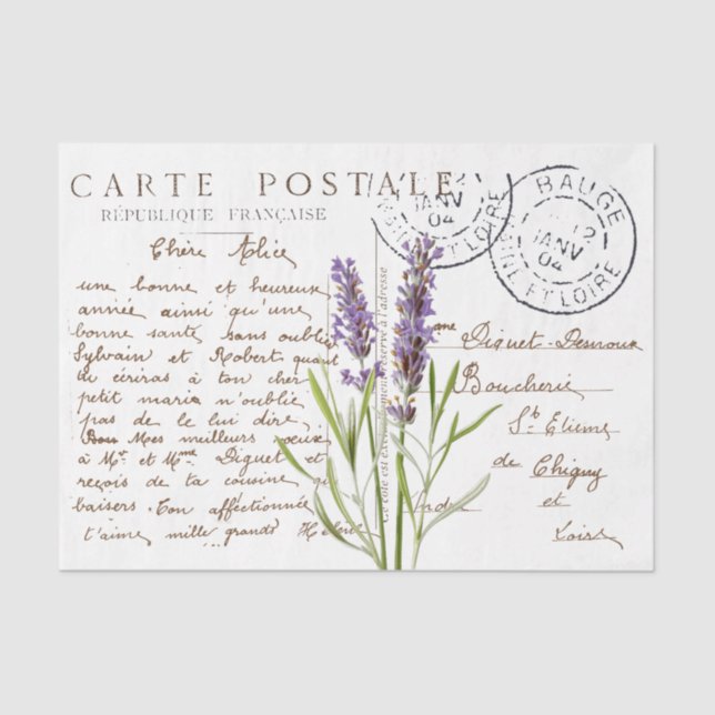 Papel De Seda Carte Postale French Script Lavanda Flower Artesan (Frente )