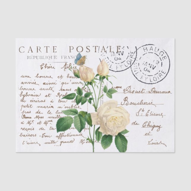 Papel De Seda Carte Postale French Script Rosa Flor Butterfly (Frente )
