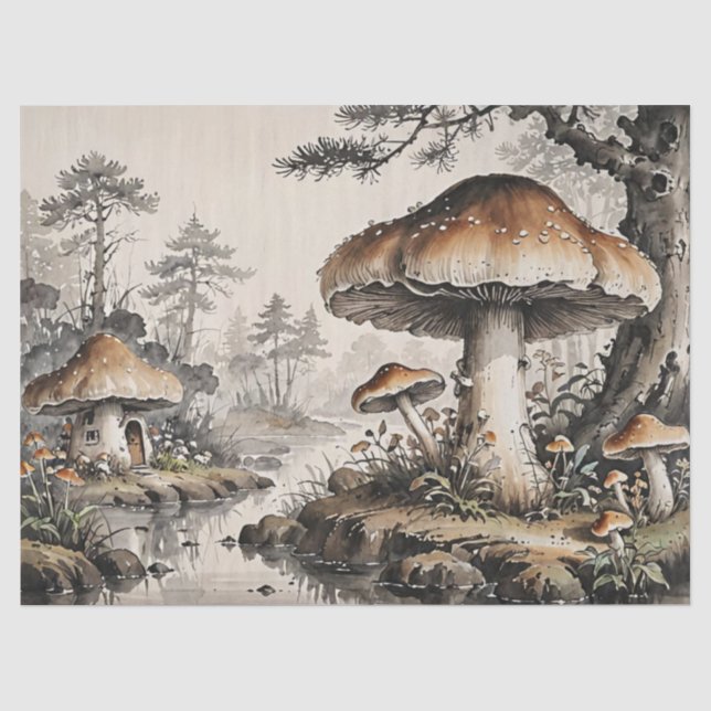 Papel De Seda Casa de Campo Floresta de Cogumelos Retrô (Frente )
