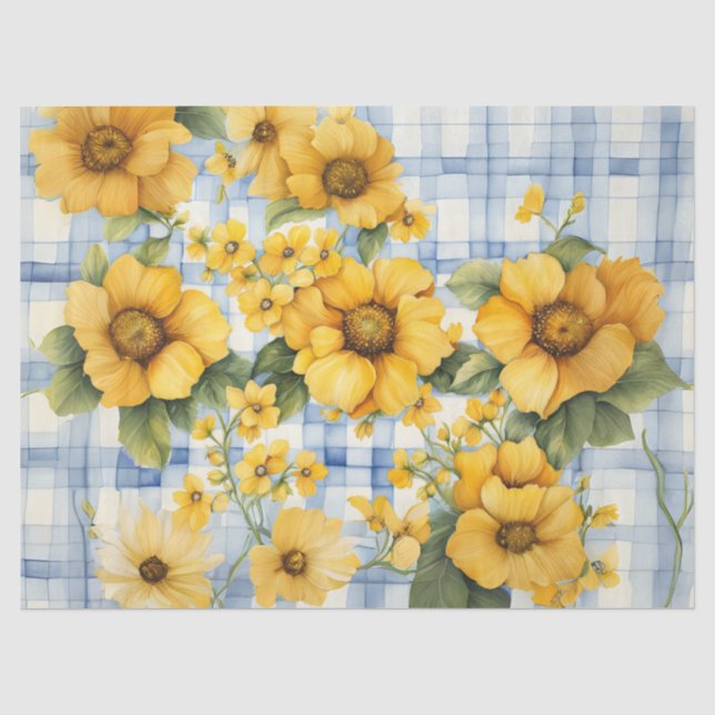 Papel De Seda Casa de Campo Xadrez Azul com Flores Amarelas (Frente )