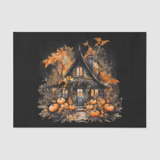 Papel De Seda Casa de Halloween com Pumpkins e Folhagem (Frente )