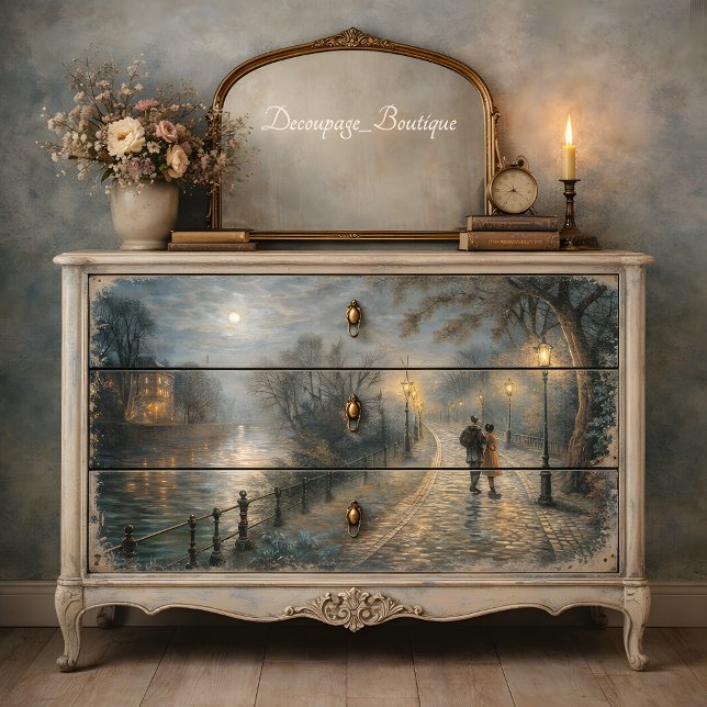 Papel De Seda Casal ao Luar Caminhando pelo Caminho Ribeirinho D (Moonlit Couple Walking Riverside Path Decoupage Tissue Paper Mockup)