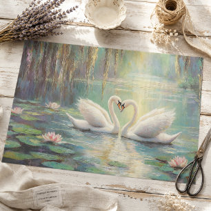 Papel De Seda Casal de Cisnes Românticos em Decoupage de Lago de