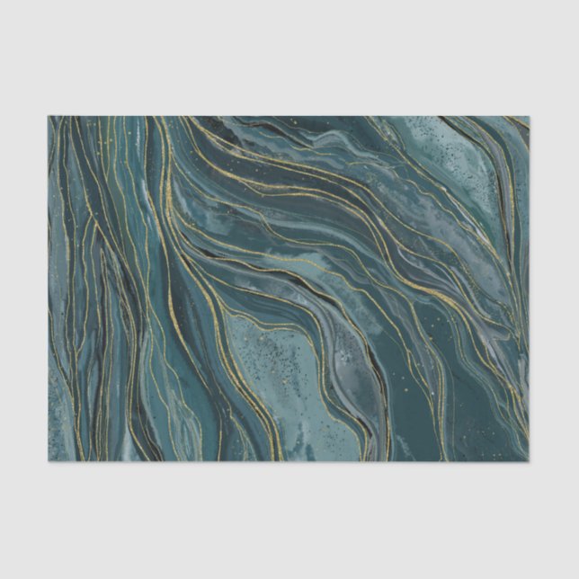 Papel De Seda Casamento Abstrato em Azul Tranquilo Dourado Aquar (Frente )
