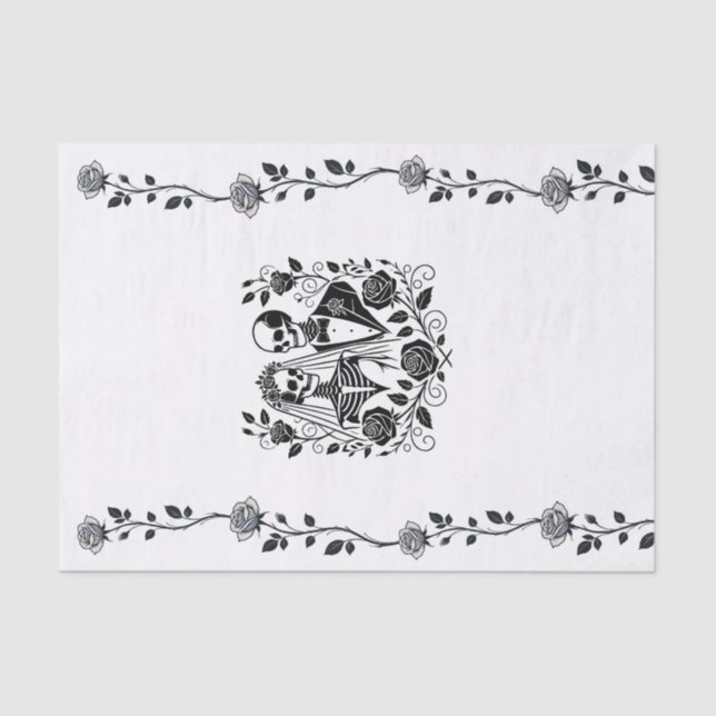 Papel De Seda Casamento com Rosa Floral de Esqueleto Branco Negr (Frente )