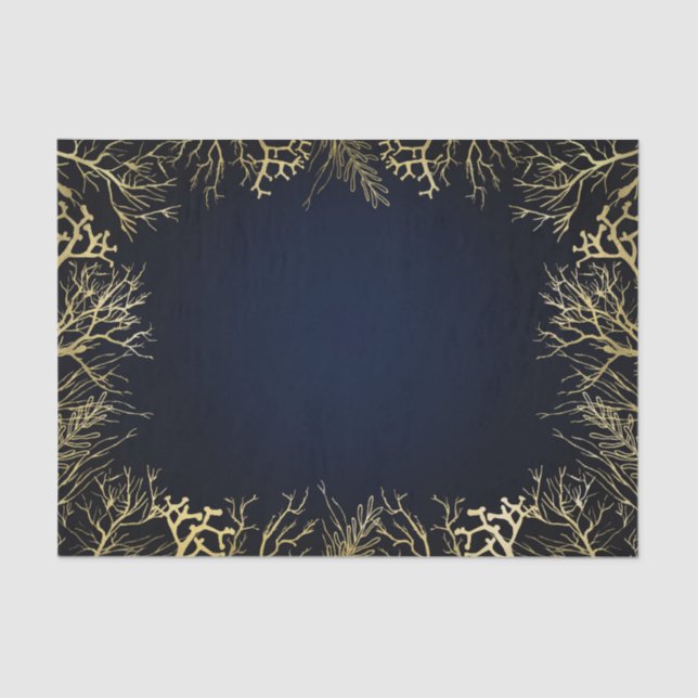 Papel De Seda Casamento de Coral Elegante Azul e Marinho Dourado (Frente )