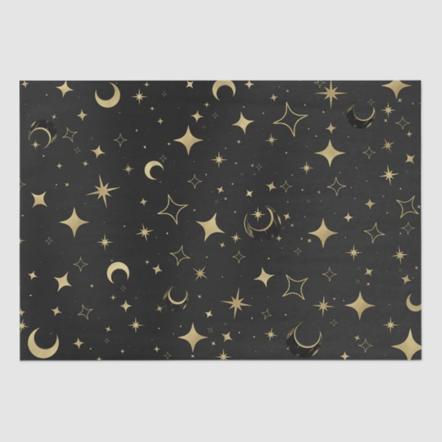 Papel De Seda Casamento de Estrelas Celestiais Negras e Douradas (Frente )