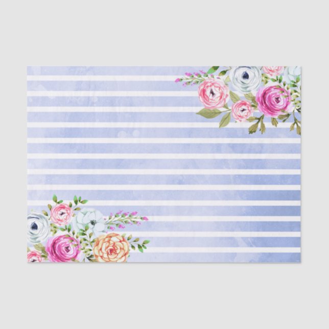Papel De Seda Casamento de Stripe de Marinho com Rosa de Aquarel (Frente )