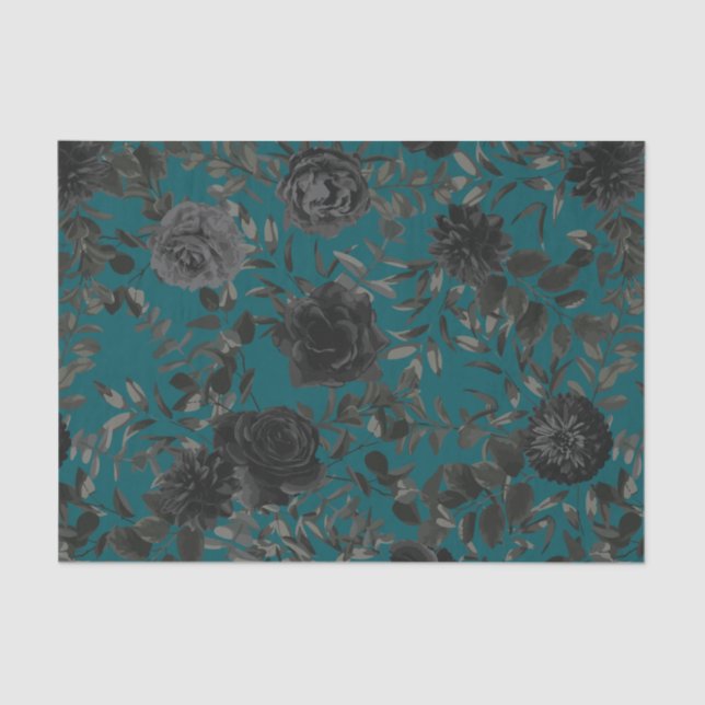 Papel De Seda Casamento Elegante Rosa Gótico de Teal Negro (Frente )