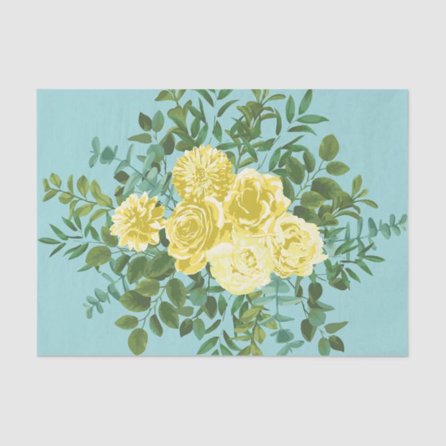 Papel De Seda Casamento Floral Primavera de Amarelo e Aqua Vinta (Frente )