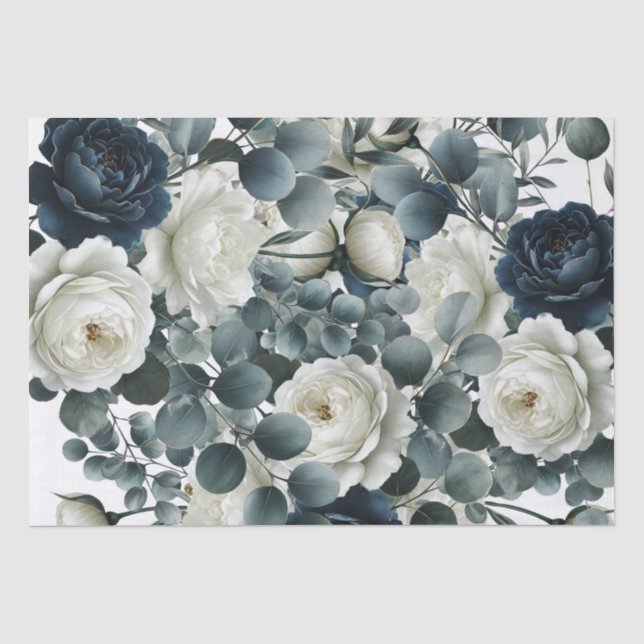 Papel De Seda Casamento Floral Verde com Azul Escuro e Branco Mo (Frente )