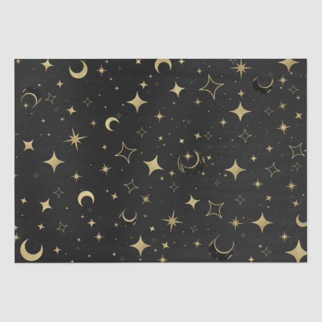Papel De Seda Casamento Moderno Celestial Lua Estrelas Preto e D (Frente )