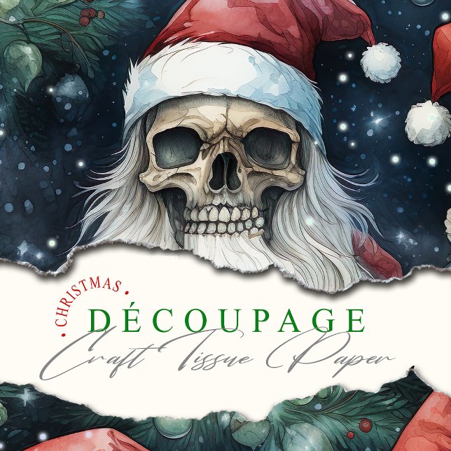 Papel De Seda Cascas de Natal Góticas Feriadas em Chapéus Vermel (Santa skulls in christmas hats, a gothic surprise. Perfect for decoupage and crafts this Christmas.)