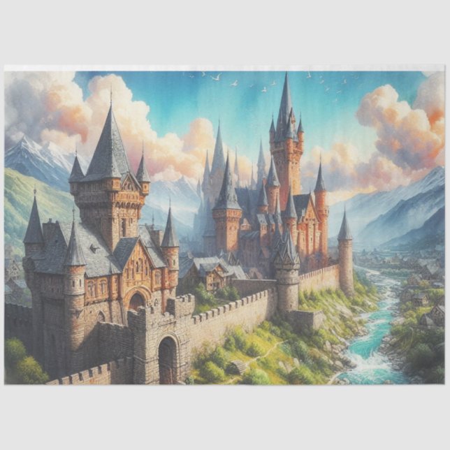 Papel De Seda Castelo medieval numa paisagem de Mountain Valley (Frente )