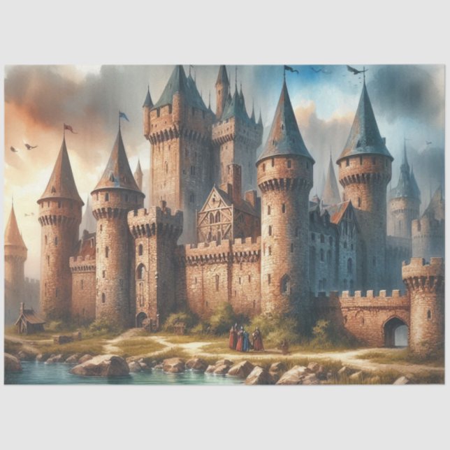 Papel De Seda Castelo medieval por um rio Tranquilo em Sunset (Frente )