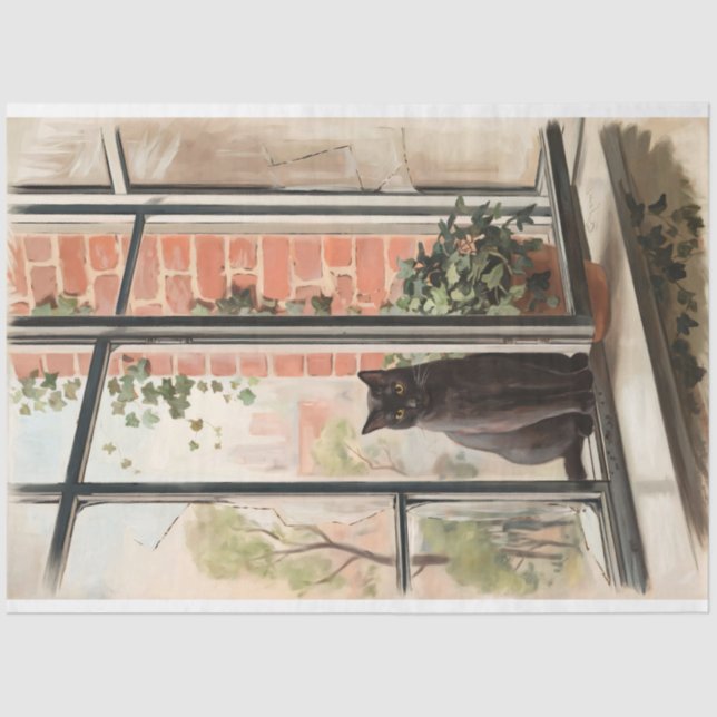 Papel De Seda Cat Preto em uma janela pintando uma página de dis (Frente )